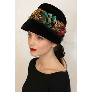 50s 60s Vintage Black Cloche Hat with Colorful Feathers